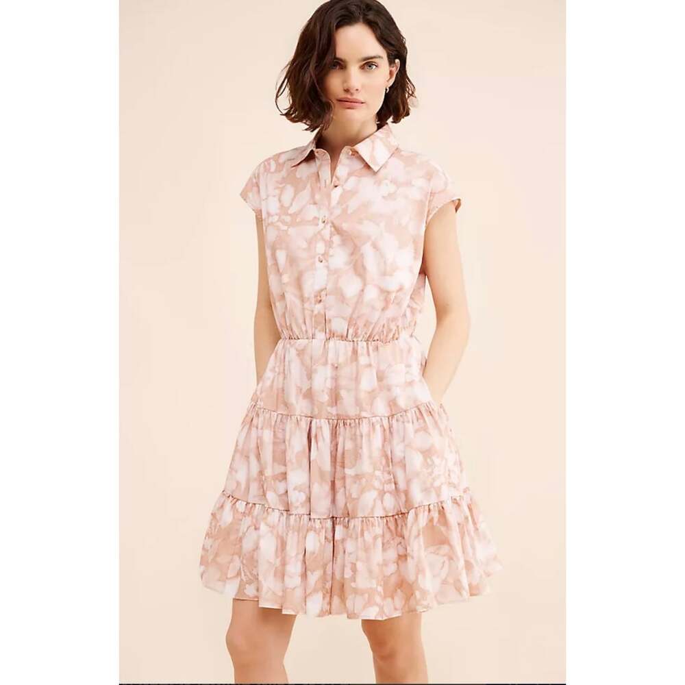 Hutch Anthropologie Floral Mini Shirt Dress Large Pink Tiered Cotton